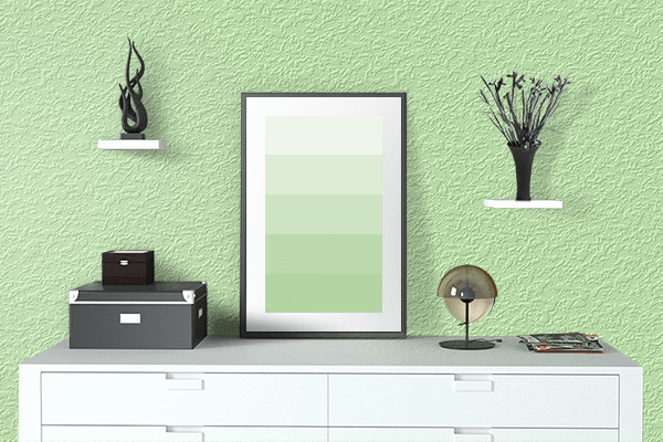 Pretty Photo frame on Pastel Lime color drawing room interior textured wall