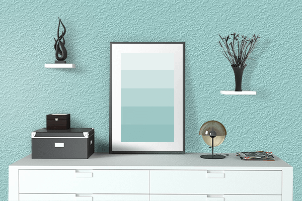 Pretty Photo frame on Pastel Blue-green color drawing room interior textured wall