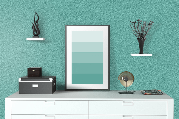Pretty Photo frame on Matte Turquoise color drawing room interior textured wall