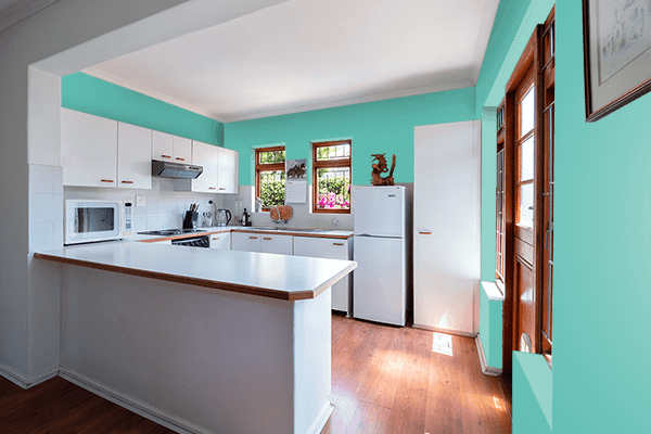 Pretty Photo frame on Matte Turquoise color kitchen interior wall color