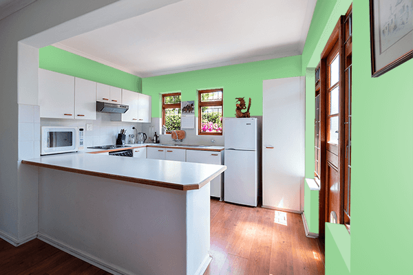 Pretty Photo frame on Relaxing Green color kitchen interior wall color