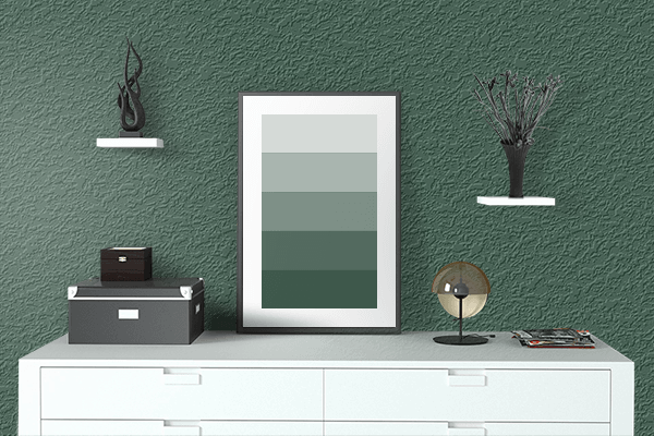 Pretty Photo frame on Pine Green (RAL) color drawing room interior textured wall