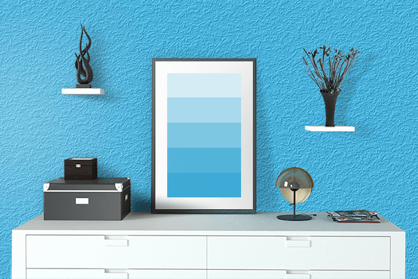 Pretty Photo frame on Highlighter Blue color drawing room interior textured wall