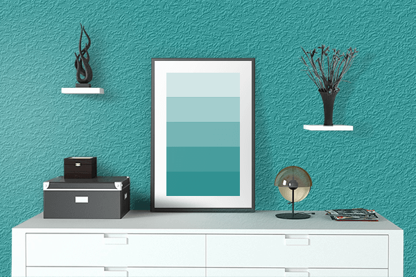 Pretty Photo frame on Light Teal color drawing room interior textured wall