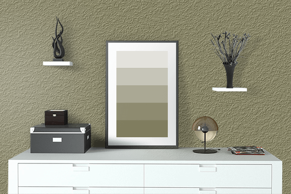 Pretty Photo frame on Khaki Green color drawing room interior textured wall