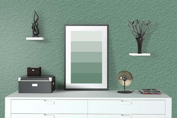 Pretty Photo frame on Sea Jasper color drawing room interior textured wall