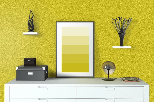 Pretty Photo frame on True Yellow color drawing room interior textured wall