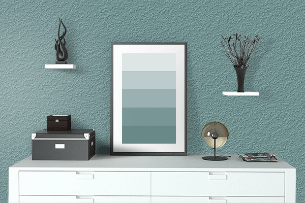 Pretty Photo frame on Muted Teal color drawing room interior textured wall