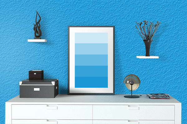 Pretty Photo frame on Bright Azure color drawing room interior textured wall