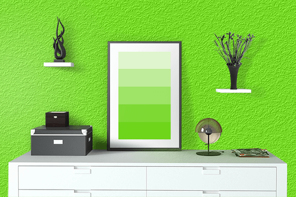 Pretty Photo frame on Bright Lime color drawing room interior textured wall