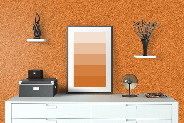 Pretty Photo frame on Metallic Orange color drawing room interior textured wall