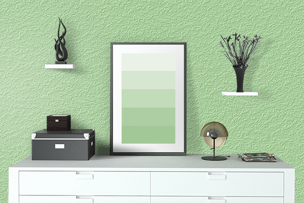 Pretty Photo frame on Happy Green color drawing room interior textured wall