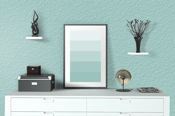 Pretty Photo frame on Light Turquoise color drawing room interior textured wall