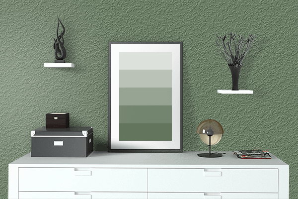Pretty Photo frame on Silver Willow Green color drawing room interior textured wall