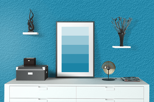 Pretty Photo frame on Cerulean (RGB) color drawing room interior textured wall