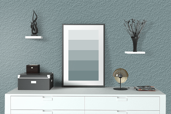 Pretty Photo frame on Ash Blue color drawing room interior textured wall