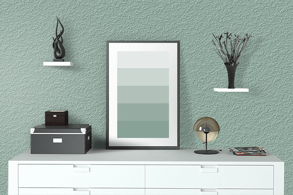 Pretty Photo frame on Misty Jade color drawing room interior textured wall