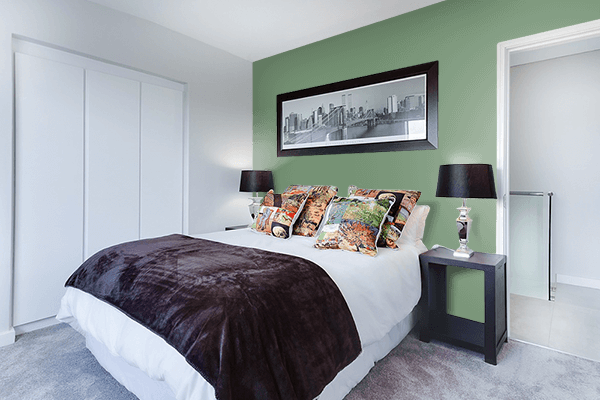 Pretty Photo frame on Misty Green color Bedroom interior wall color