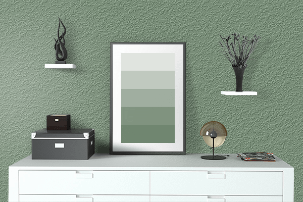 Pretty Photo frame on Misty Green color drawing room interior textured wall