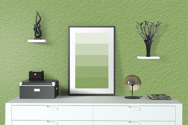 Pretty Photo frame on Bright Lime Green color drawing room interior textured wall