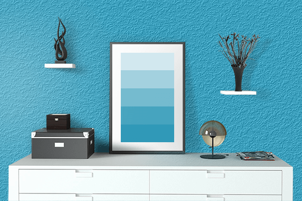 Pretty Photo frame on Cerulean (Crayola) color drawing room interior textured wall