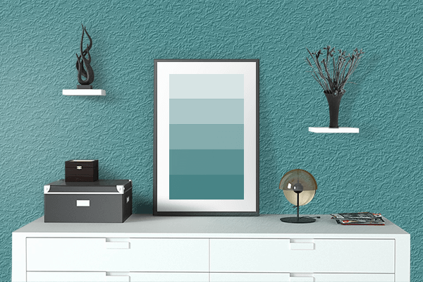 Pretty Photo frame on Retro Teal color drawing room interior textured wall
