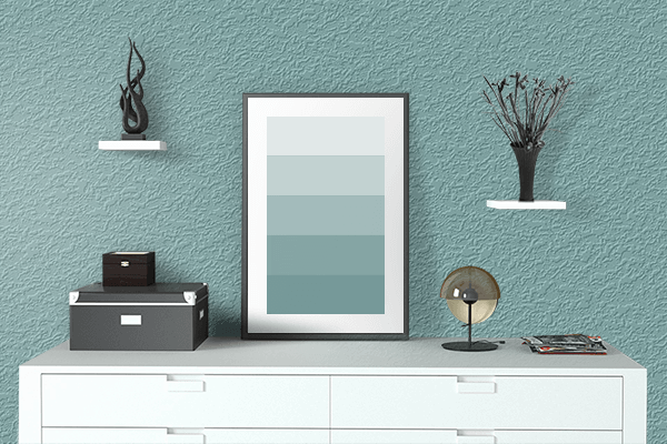 Pretty Photo frame on Pastel Turquoise (RAL) color drawing room interior textured wall