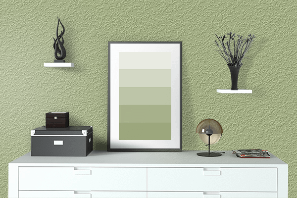 Pretty Photo frame on Pastel Avocado color drawing room interior textured wall