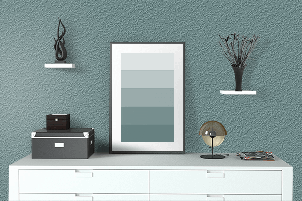 Pretty Photo frame on Misty Teal color drawing room interior textured wall