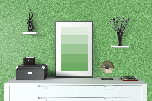 Pretty Photo frame on Best Green color drawing room interior textured wall