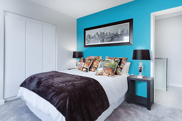 Pretty Photo frame on Cyan Blue color Bedroom interior wall color