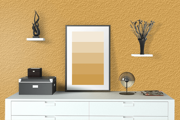 Pretty Photo frame on Amber Orange color drawing room interior textured wall
