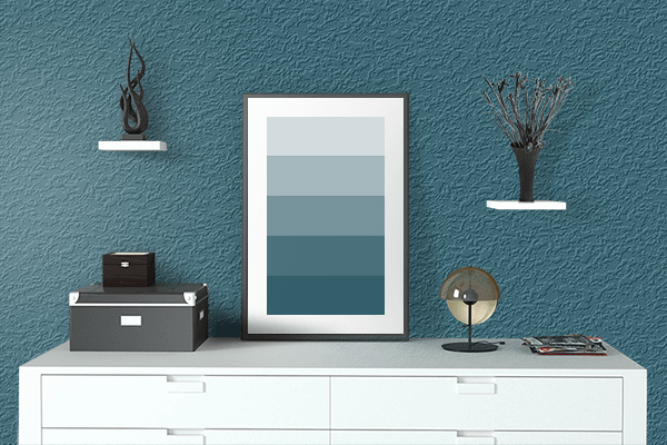 Pretty Photo frame on Dark Teal Blue color drawing room interior textured wall