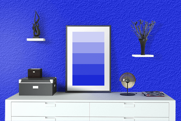 Pretty Photo frame on Blue color drawing room interior textured wall