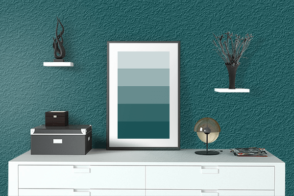 Pretty Photo frame on Midnight Green (Eagle Green) color drawing room interior textured wall