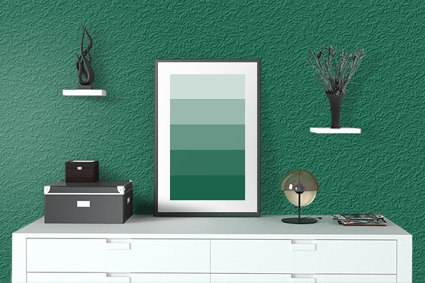 Pretty Photo frame on Cadmium Green color drawing room interior textured wall