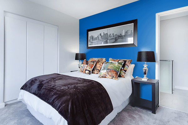 Pretty Photo frame on Spanish Blue color Bedroom interior wall color