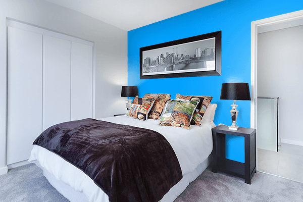 Pretty Photo frame on Vivid Cerulean color Bedroom interior wall color