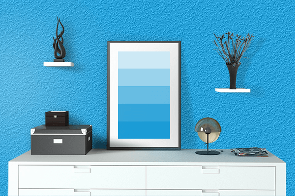 Pretty Photo frame on Blue Bolt color drawing room interior textured wall