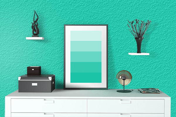 Pretty Photo frame on Sea Green (Crayola) color drawing room interior textured wall