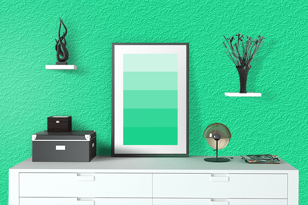 Pretty Photo frame on Medium Spring Green color drawing room interior textured wall
