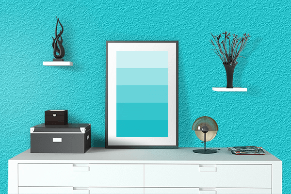 Pretty Photo frame on Bright Turquoise color drawing room interior textured wall