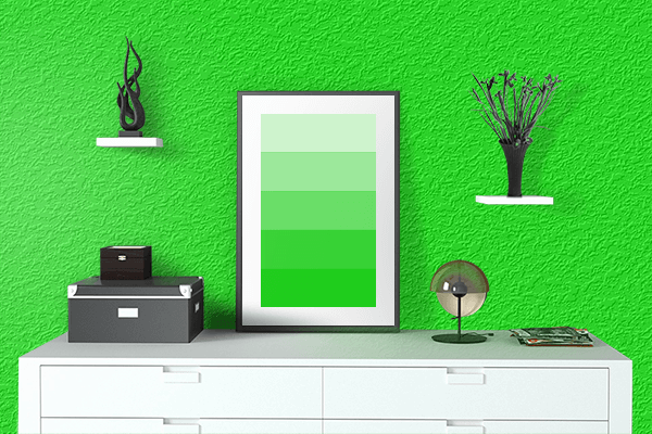 Pretty Photo frame on Electric Green color drawing room interior textured wall