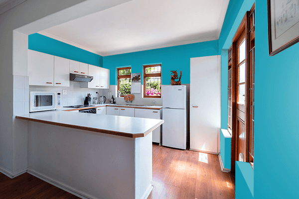 Pretty Photo frame on Blue-Green color kitchen interior wall color