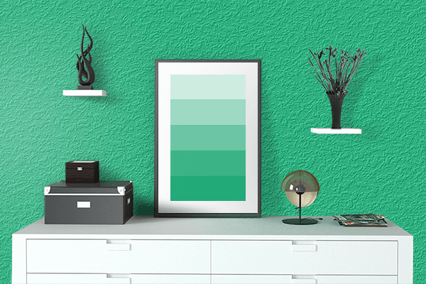 Pretty Photo frame on Caribbean Green color drawing room interior textured wall