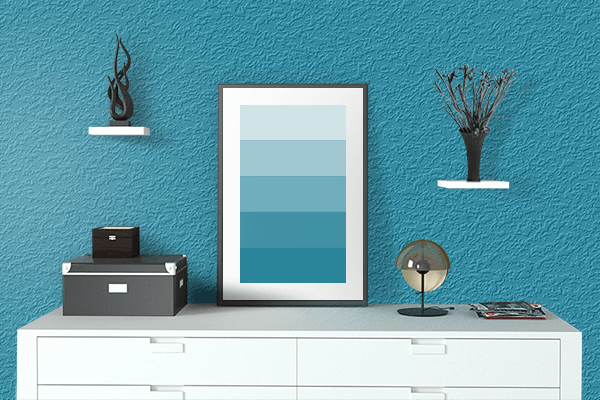 Pretty Photo frame on Blue-Green color drawing room interior textured wall