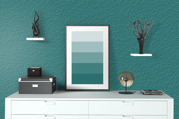 Pretty Photo frame on Deep Green-Cyan Turquoise color drawing room interior textured wall