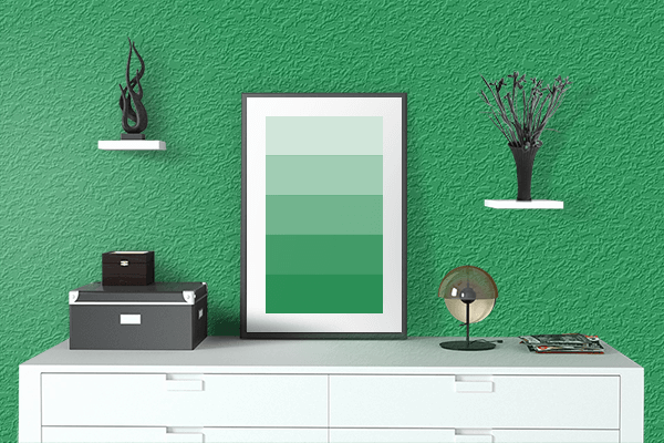 Pretty Photo frame on Green (Pigment) color drawing room interior textured wall