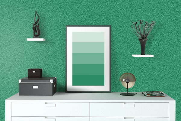 Pretty Photo frame on Green-Cyan color drawing room interior textured wall