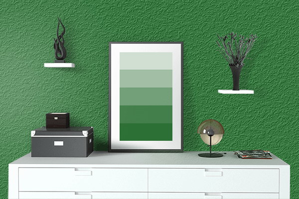 Pretty Photo frame on La Salle Green color drawing room interior textured wall